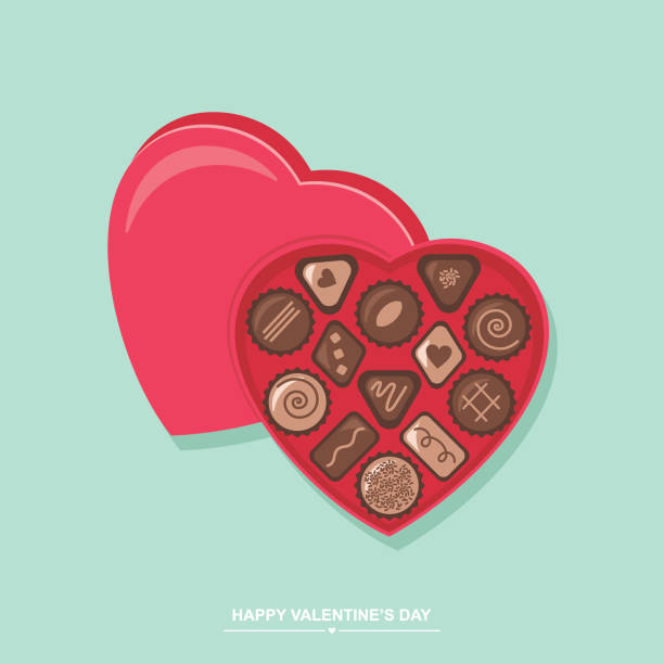 Simple vector illustration of red heart shape chocolate candy box on blue background. Valentines day greeting card.