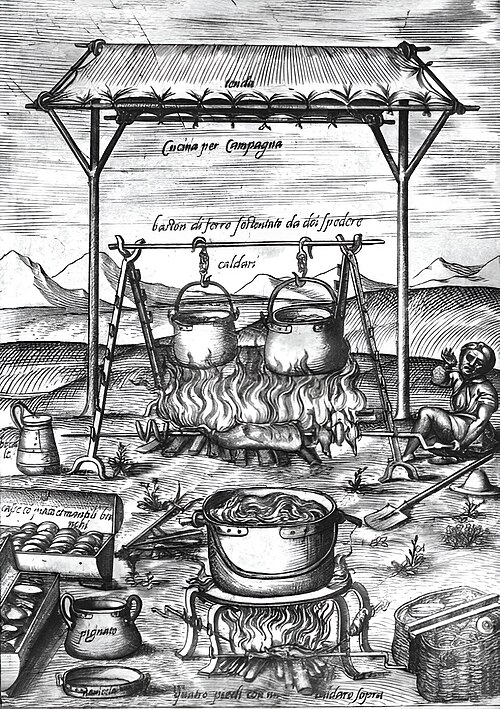 This 1570 illustration by chef Bartolomeo Scappi shows open-air soup cooking.